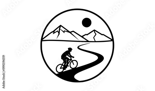 Biker on Winding Mountain Trail Circular Badge Silhouette Vector Outdoor Cycling Emblem Icon
