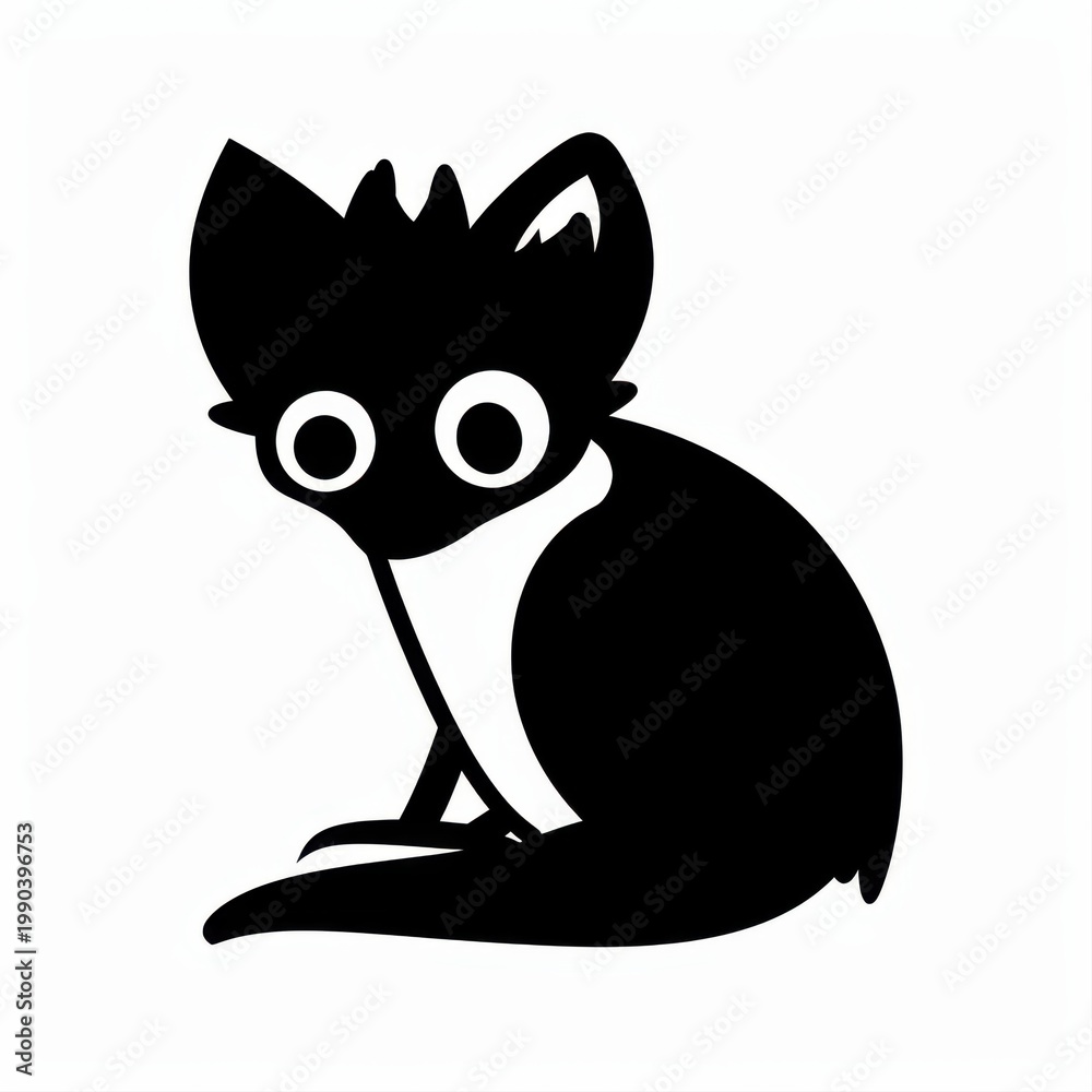 Fototapeta premium Black and White Silhouette of a Playful Cartoon Fox with Big Eyes