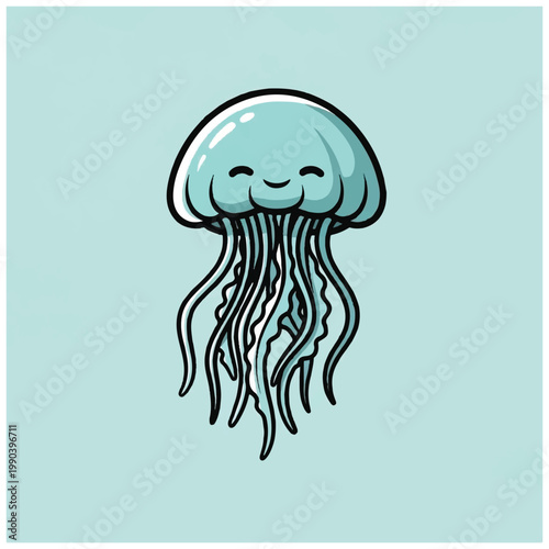 Smiling cartoon jellyfish with tentacles.