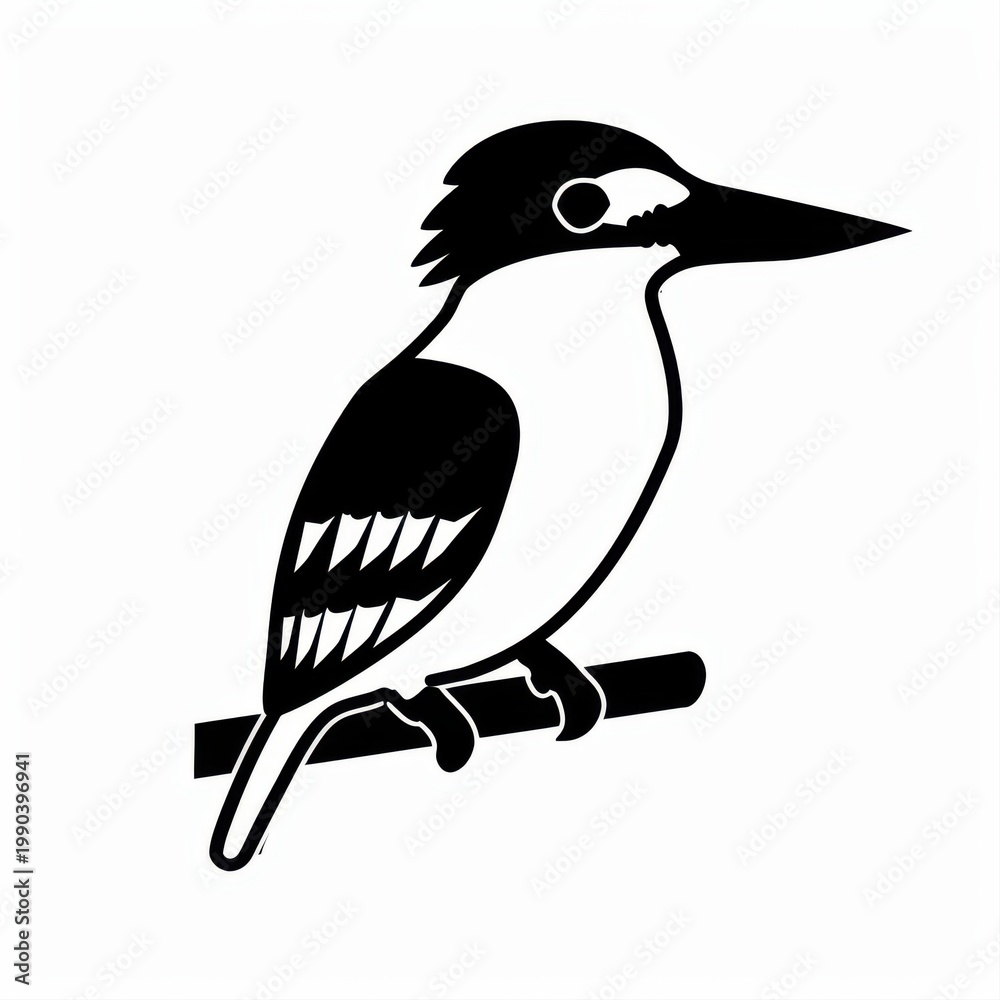 Fototapeta premium Black and White Silhouette of a Kingfisher Bird Perched on a Branch