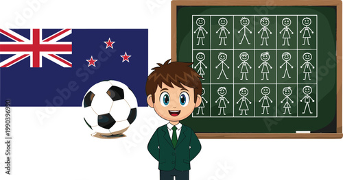 New Zealand Flag with Soccer Ball, School Boy Character and Classroom Chalkboard with Students Drawing Vector Illustration Set