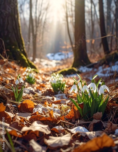 White Snowdrop Flowers Blooming In A Sunlit Forest Through Fallen Leaves And Melting Snow During Early Spring Season