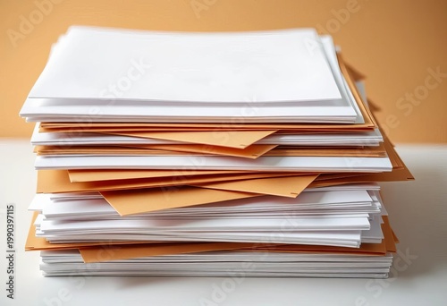Stack of crisp white papers and brown envelopes ready for mailing, writing supplies, paper texture