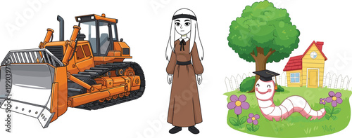 Bulldozer Construction Machine, Nun Character and Cute Worm in Garden with Tree House Scene Vector Illustration Set