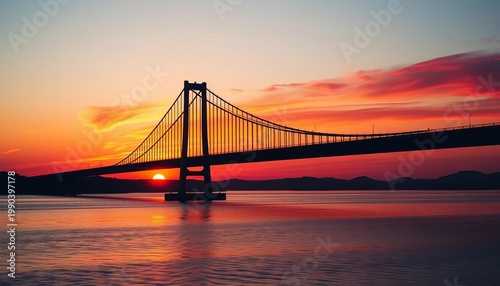 Sleek, dark bridge silhouette against a vibrant sunset,  one,  night