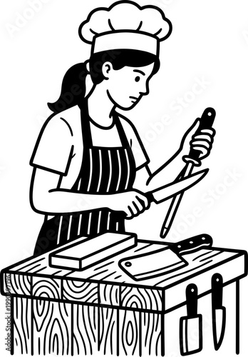 Woman chef sharpening knife on cutting board with meat cleaver and whetstone. Culinary art concept. Outline black and white vector illustration