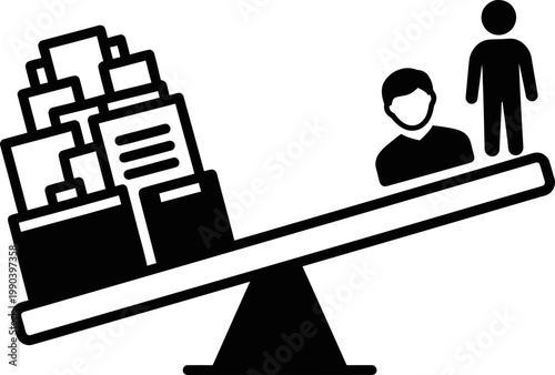 City buildings and two people on a seesaw, representing a heavy burden or life balance concept. Vector illustration for banner