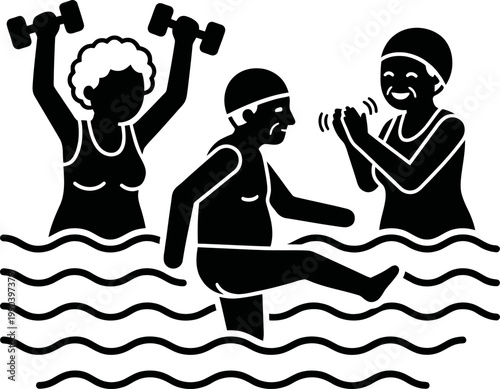Group of smiling older people doing water aerobics exercise. Senior man and women active in pool. Healthy lifestyle concept. Vector illustration
