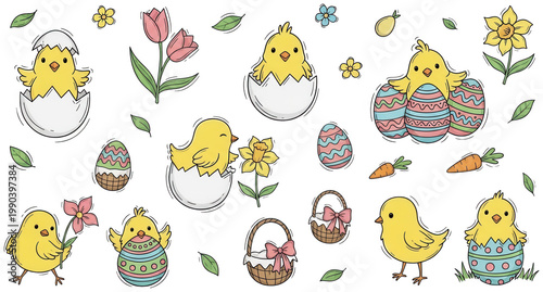 Cute Chick png Happy Easter egg cutout Spring Flower png Little Basket cutout Baby Hatchling png Sweet Carrot cutout Adorable Chicken png Decorated Eggshell isolated transparent background image