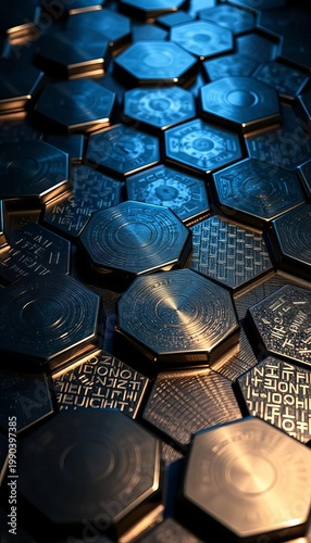 Hexagonal textures meet chrome gleam, weight plates creating stark shadow play ,  abstract,  gym equipment