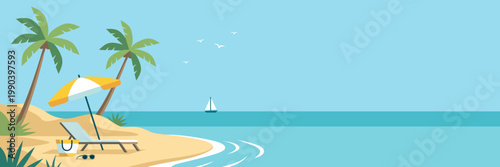 Tropical beach with palm tree, sun umbrella and deck chair near sea. Landscape vector illustration of summer vacation, travel and relaxation background concept for holiday banner design.