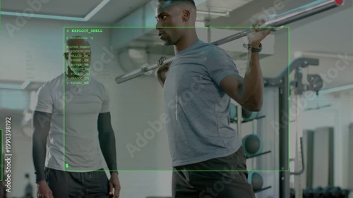 Trainee bracing and barbell squatting as HUD expanding and analyzing gym form while coach guiding