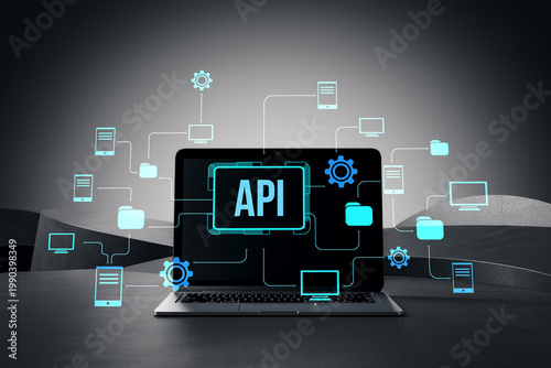 Εκτύπωση καμβά API interface visualization on laptop with hologram network icons showing modern technology connections in abstract digital background
