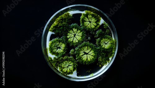 Overhead shot of a petri dish, showcasing vibrant green microbial growth in circular formations, set against a stark black background
