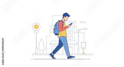 Modern Lifestyle Vector Illustration of a Person Walking with Smartphone in City