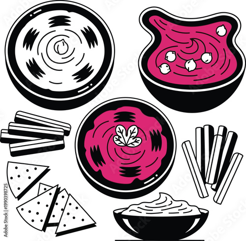 Hummus bowls with pita chips and vegetables dips