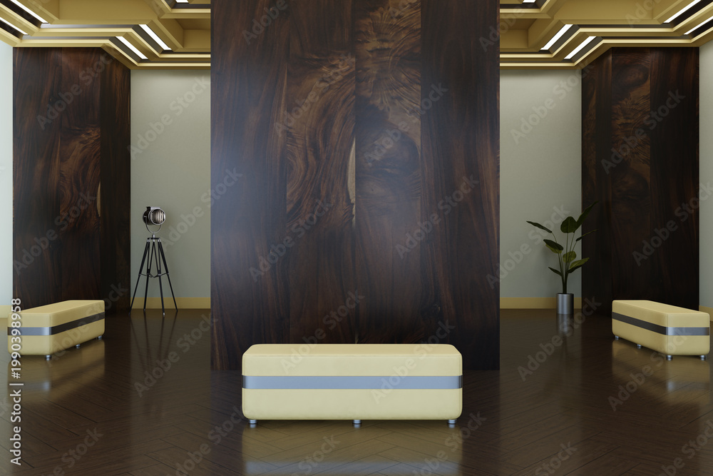 Fototapeta premium Large modern gallery interior with dark wooden columns, minimalist benches, decorative plant and spotlight creating serene contemporary exhibition atmosphere. 3D Rendering