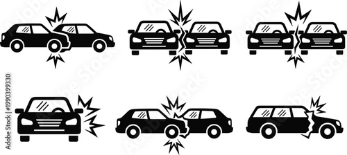 Car Accident and Road Collision Icon Set Featuring Vehicle Crash Scenarios Head-On Impacts and Auto Damage Silhouettes for Insurance and Traffic Safety Graphic Design