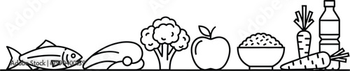 Line of various healthy food line food healthy eating fish meat broccoli apple