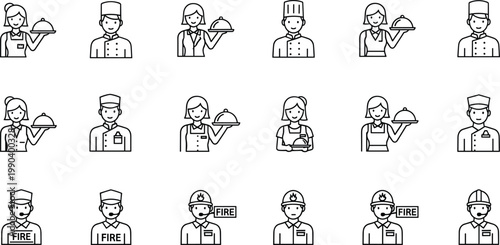 Professional Avatar Icon Set Featuring Restaurant Staff Waitresses Chefs and Emergency Fire Service Workers in Minimalist Line Art Style for Workforce and Career Graphic Design