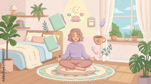 Young woman practicing meditation and mindfulness in a cozy pastel bedroom with floating spiritual objects and indoor plants