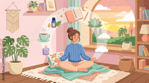 Peaceful young woman practicing meditation and mindfulness in a cozy room with pastel colors and floating self-care icons at sunset