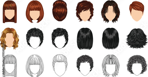Womens Hairstyle and Haircut Vector Set Featuring Various Colors and Textures Including Bob Curls Bun and Straight Hair for Beauty Salon and Fashion Graphic Design