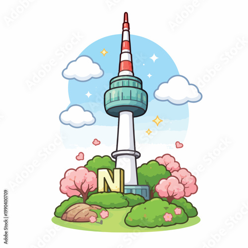 N Seoul Tower Minimal Kawaii Illustration