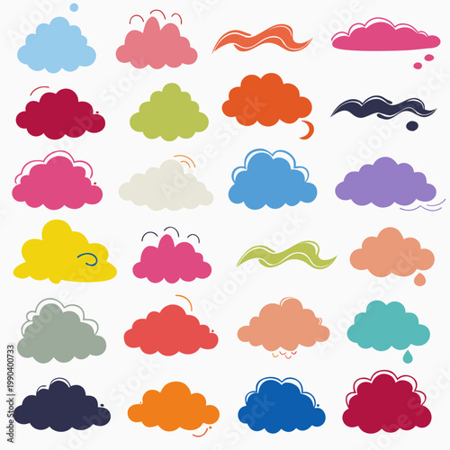 Title: Colorful Cute Cloud Set - Whimsical Weather Icons and Kawaii Sky Elements Collection
