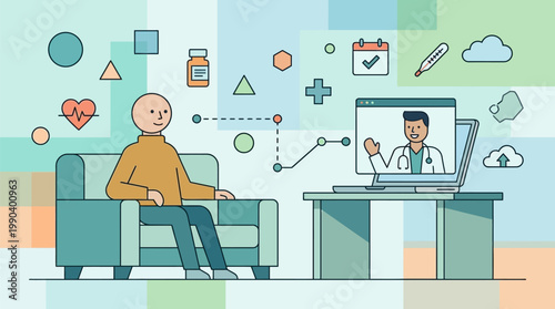 Telemedicine concept illustration with a patient consulting a doctor online through a laptop screen using digital healthcare technology and minimalist geometric design.