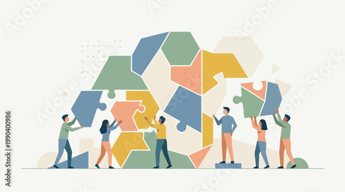Diverse team of professionals collaborating to assemble a large complex geometric puzzle representing business strategy and teamwork