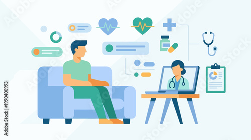 Minimalist geometric vector illustration of a man having a virtual medical consultation with a doctor on a laptop screen featuring healthcare icons.
