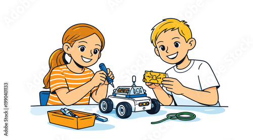 Kids building a small robot together. Hand drawn STEM illustration isolated on white. Boy and girl assembling a toy robot with tools and parts on a worktable in a collaborative learning scene.