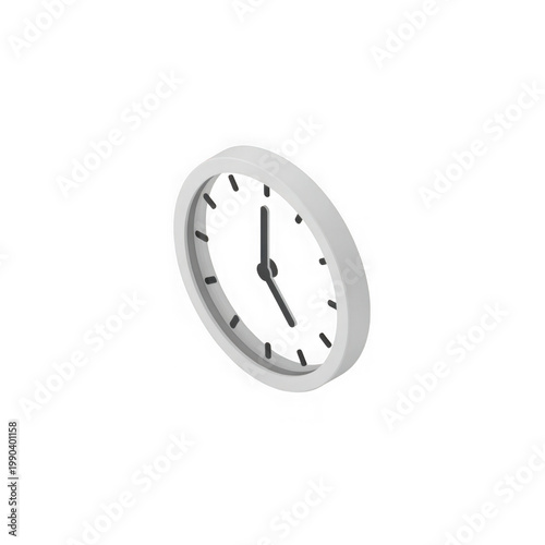 Isometric 3d rendering of a classic white wall clock, indicating time measurement.