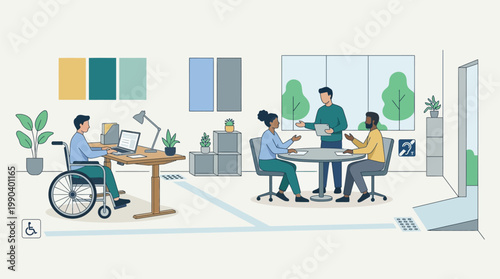 Inclusive and accessible modern office workspace with diverse employees and wheelchair accessibility features in flat vector style