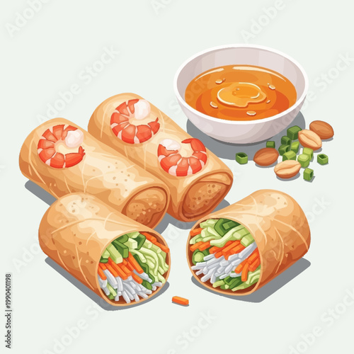 Freshly prepared Vietnamese spring rolls with shrimp and vegetables, served with a side of savory peanut dipping sauce.