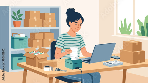 Young woman entrepreneur managing online store orders and printing shipping labels in home office