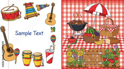 Music Instruments Collection with Guitar Drum Maracas Xylophone and Picnic BBQ Scene with Food Basket Vector Illustration Set