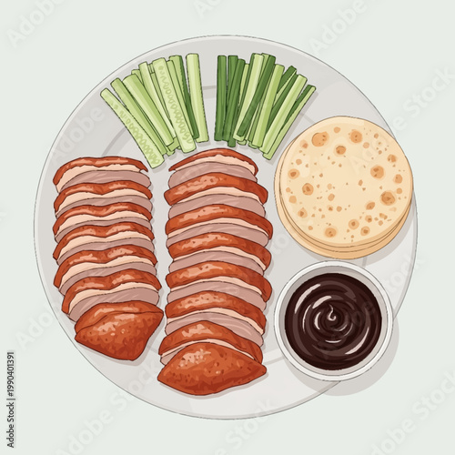 Sliced Peking duck served with pancakes, cucumber sticks, and hoisin sauce on a white plate.