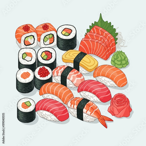 An assortment of colorful Japanese sushi and sashimi pieces with ginger and wasabi on a light background, showcasing various types of traditional seafood dishes.