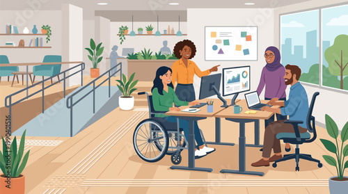 Diverse and inclusive professional team working together in a modern accessible office space with wheelchair ramp and tactile paving
