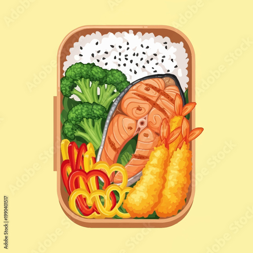 A vibrant bento box filled with grilled salmon, crispy tempura shrimp, fluffy white rice, fresh broccoli, and colorful bell peppers.