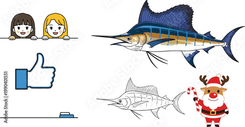 Kids Peeking Banner with Marlin Fish Color and Outline, Thumbs Up Icon and Christmas Reindeer Character Vector Illustration Set