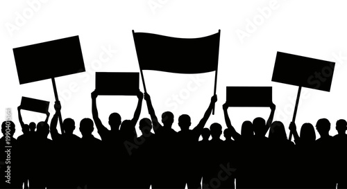 Photos Crowd of people holding signs protest.