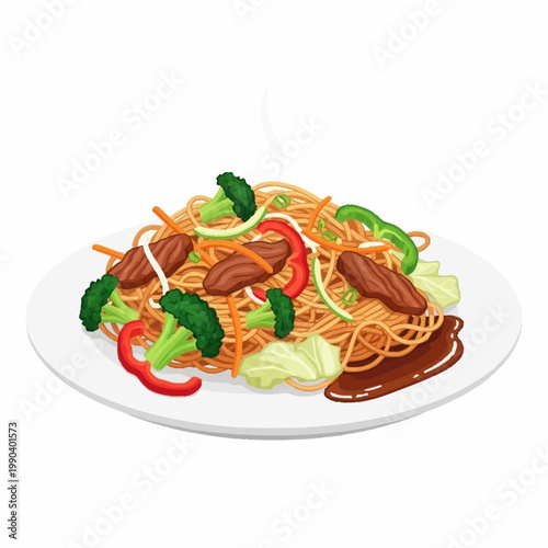 A plate of stir-fried noodles with beef, broccoli, bell peppers, and cabbage, served with a side of sauce, depicting a delicious Asian meal.