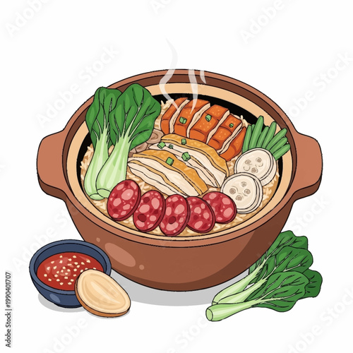 Traditional Chinese claypot rice with chicken, sausage, bok choy, and mushrooms, served hot with a side of chili sauce.