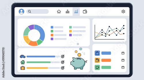 Modern financial dashboard user interface design with colorful charts, graphs, and piggy bank for personal budget tracking and data analysis