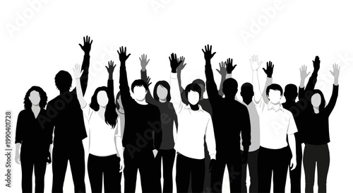 Tableau sur toile Diverse group of people raising hands.