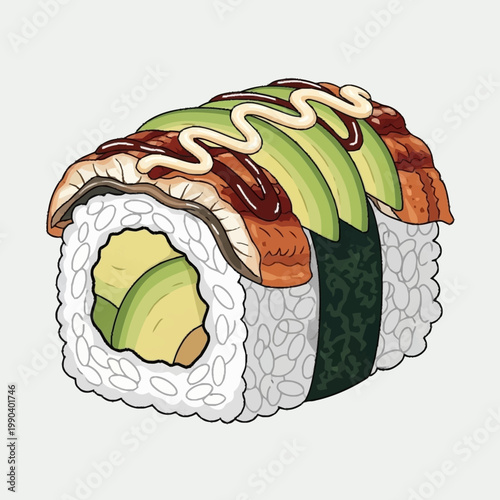 Detailed illustration of a delicious unagi and avocado sushi roll with sauce and mayonnaise.