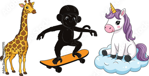 Cartoon Giraffe, Monkey Silhouette Skateboarding and Cute Unicorn on Cloud Fantasy Animal Vector Illustration Set